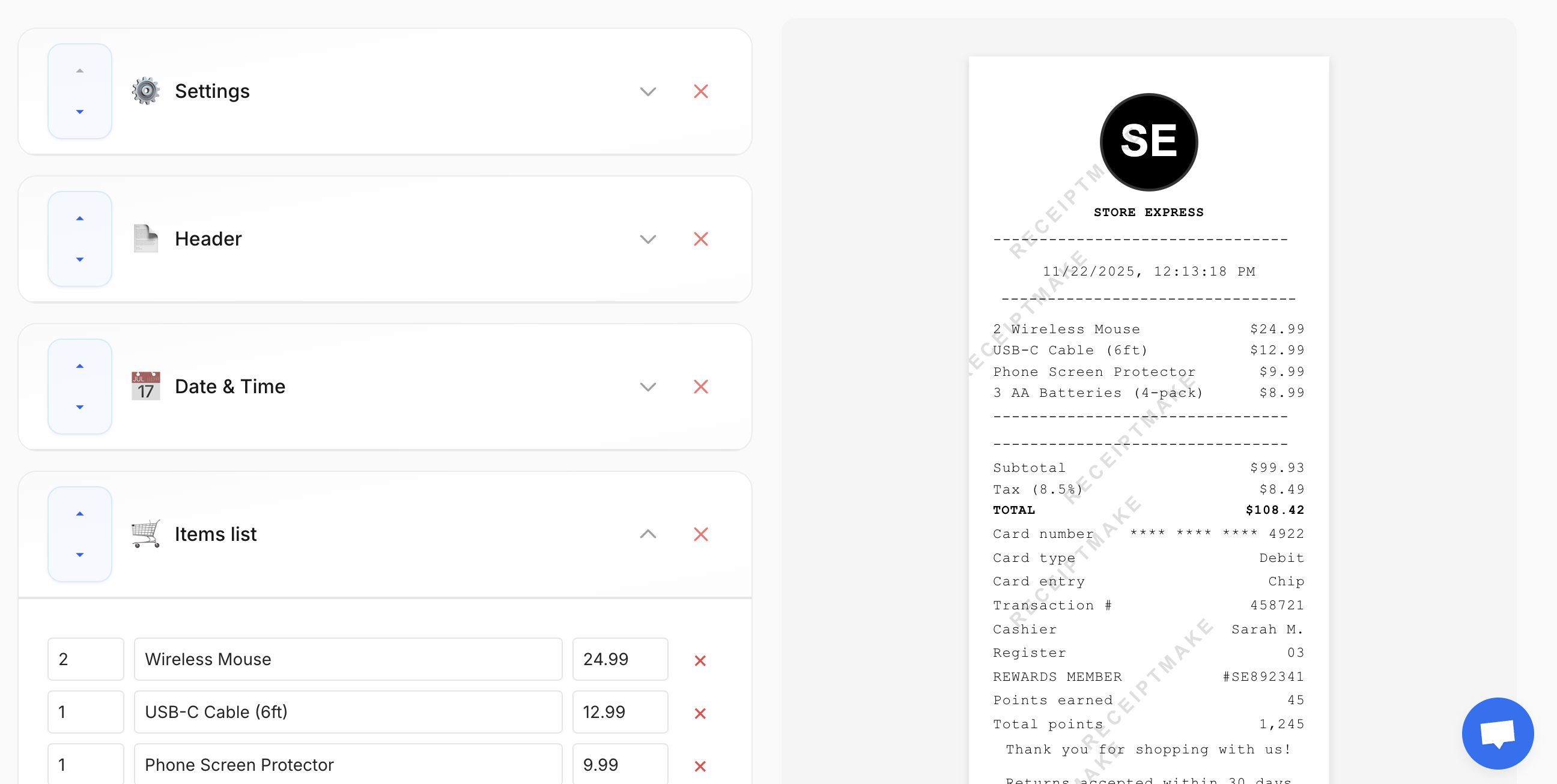 Receipt Editor Interface