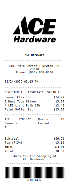 ACE Hardware Receipt Receipt Example