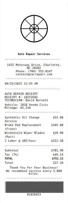 Auto Repair Receipt Receipt Example