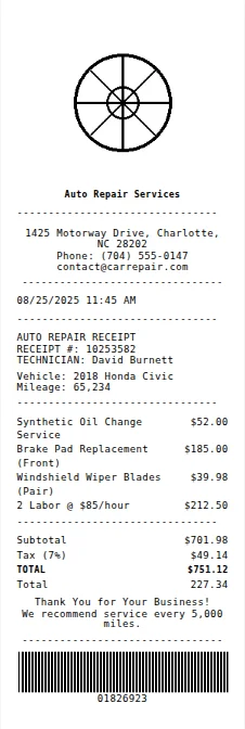 Auto Repair Receipt