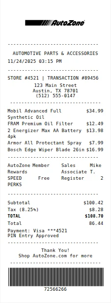 AutoZone Receipt