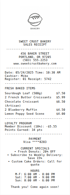 Bakery Receipt Receipt Example