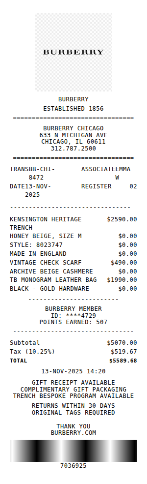 Burberry Receipt Receipt