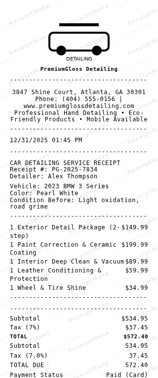 Car Detailing Receipt Receipt Example