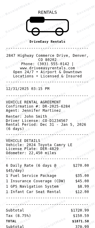 Car Rental Receipt Receipt Example