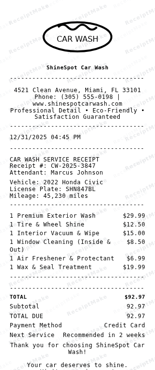 Car Wash Receipt Receipt Example