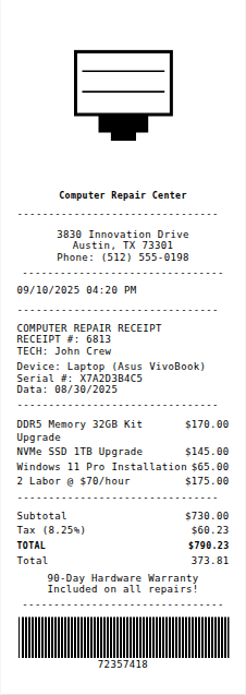 Computer Repair Receipt Receipt Example