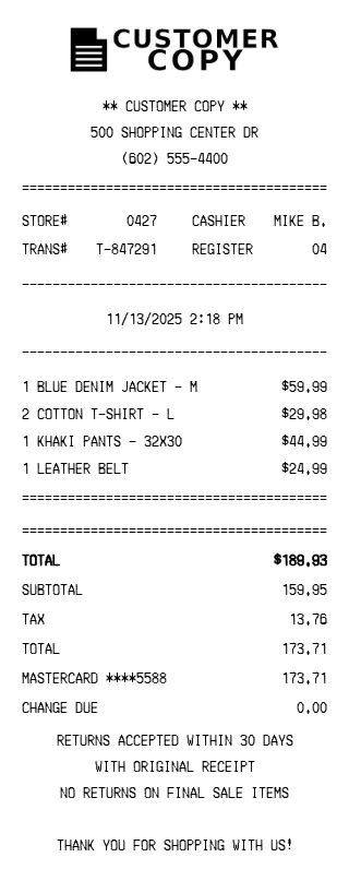 Customer Copy Receipt