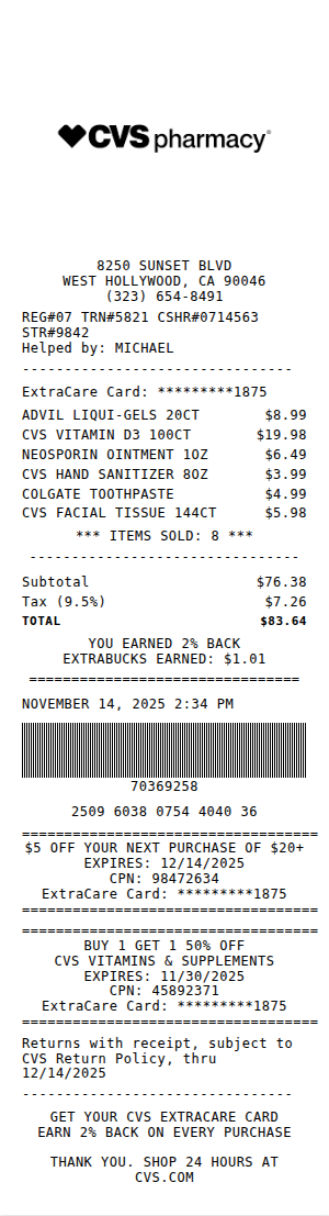 CVS Pharmacy Receipt