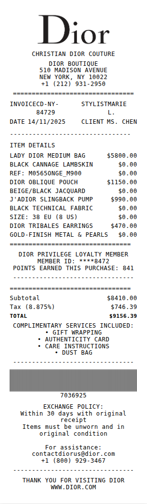 Dior Receipt Receipt