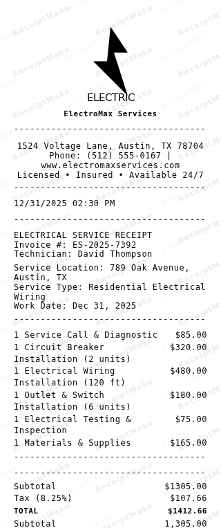 Electrician Receipt Receipt Example