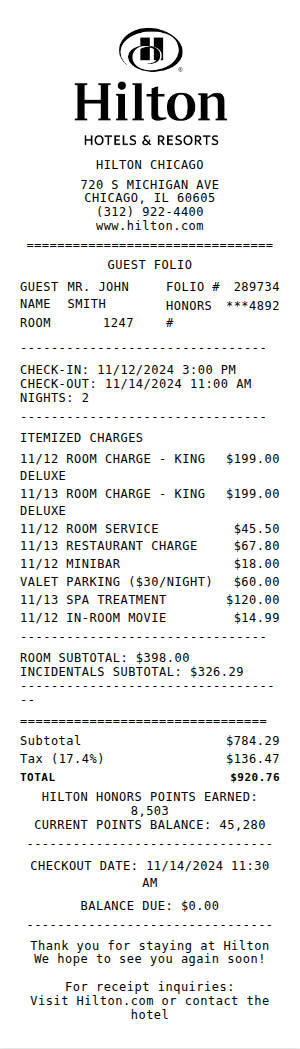 Hilton Hotel Receipt Receipt