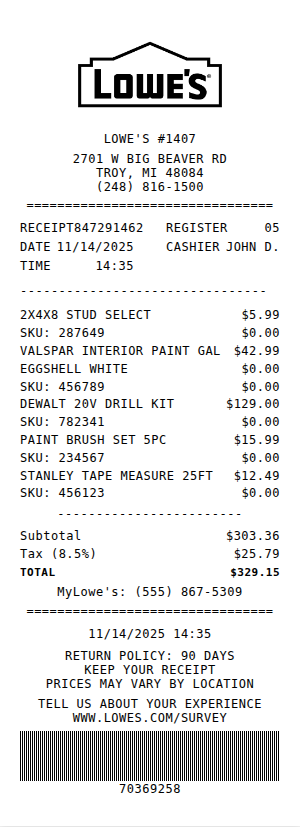 Lowe's Receipt