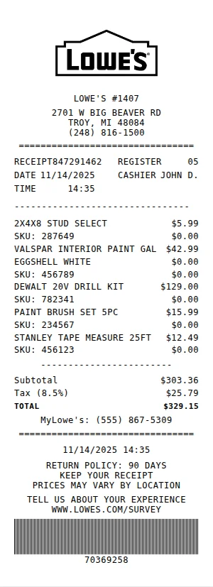 Lowe's Receipt