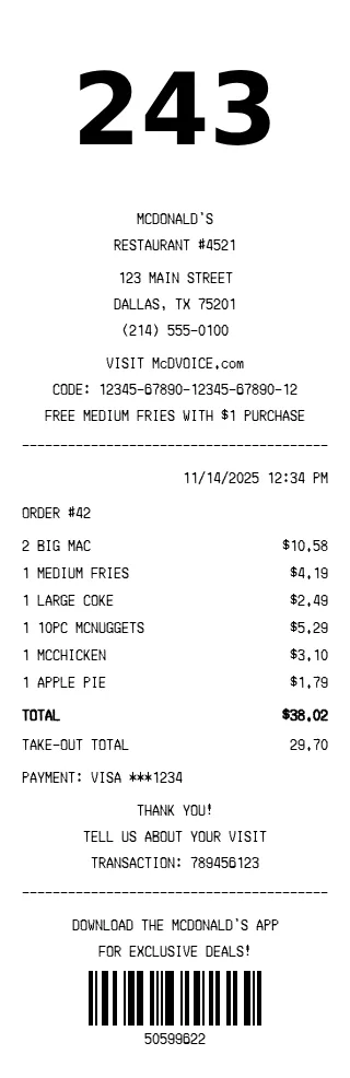 Invoice Code Macdonald Generate Restaurant Bill receipt - ReceiptMake template