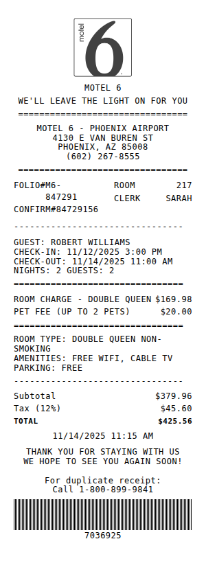 Motel 6 Receipt Receipt