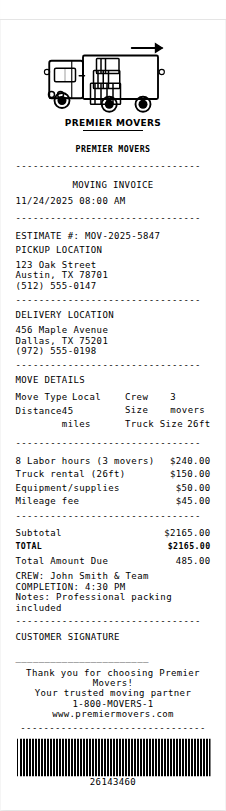 Moving Receipt Receipt Example