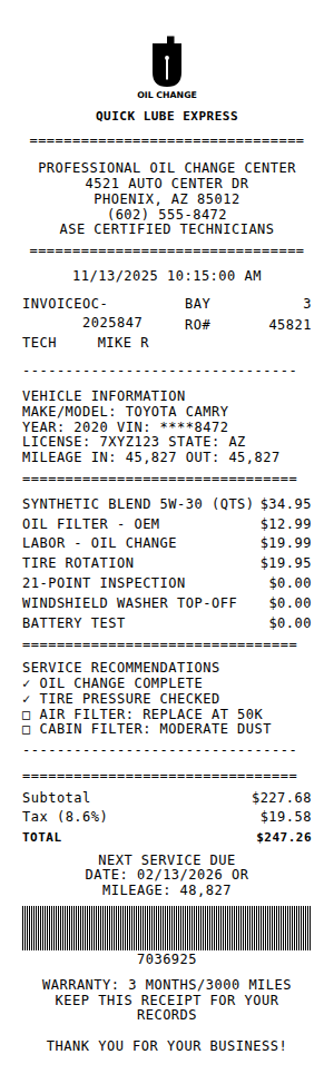 Oil Change Receipt Receipt