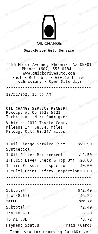 Oil Change Receipt Receipt