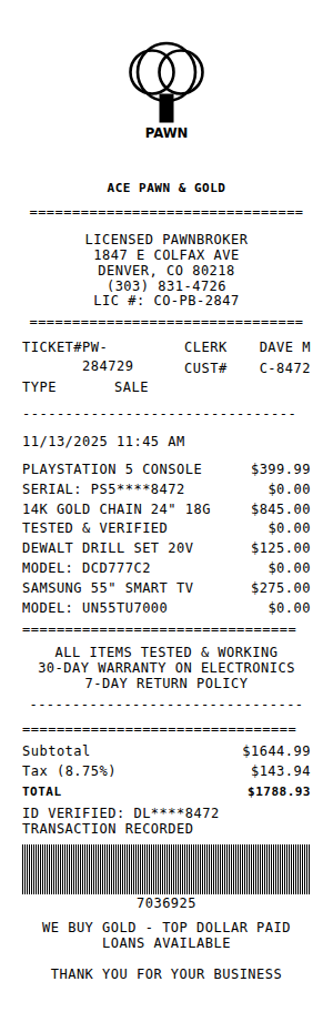 Pawn Shop Receipt Receipt