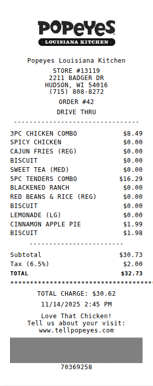 Popeyes Receipt Receipt