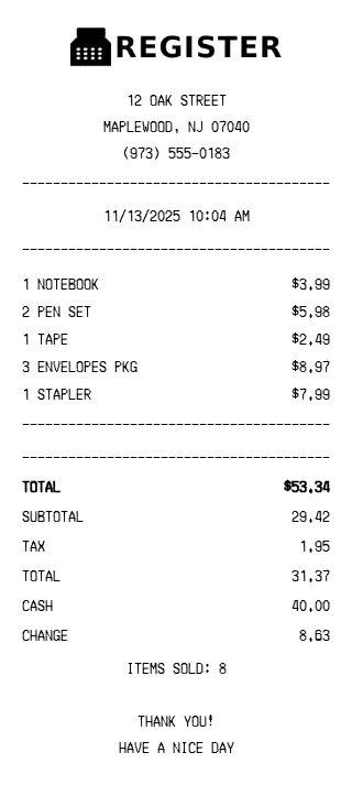 Register Receipt