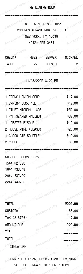 Restaurant Receipt with Tip