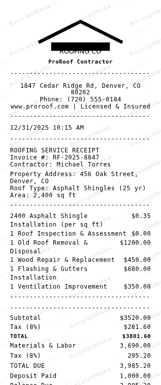 Roofing Service Receipt Receipt Example