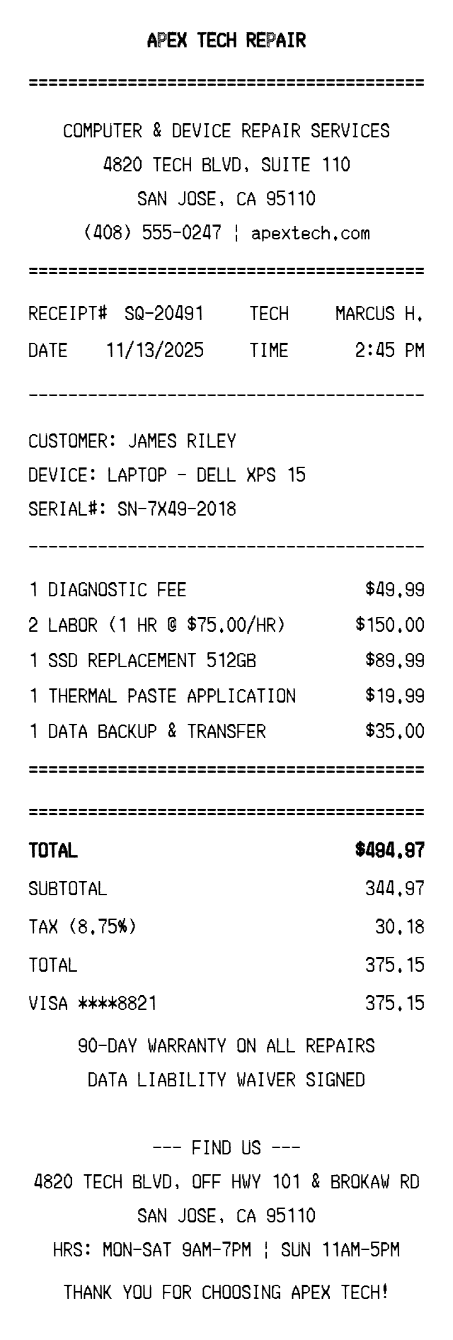 Square-Style Service Receipt Receipt Example