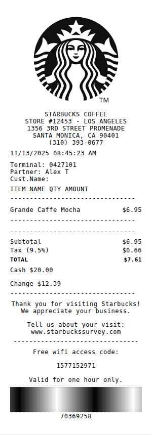 Starbucks Receipt Receipt