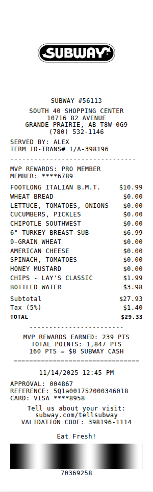 Subway Receipt Receipt