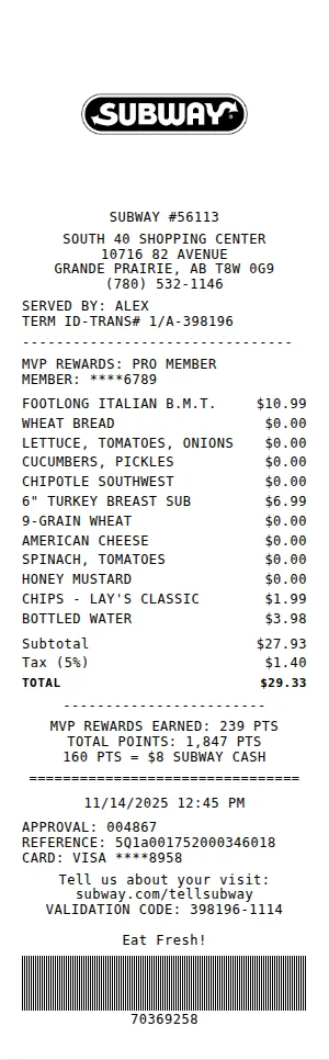 Subway Receipt