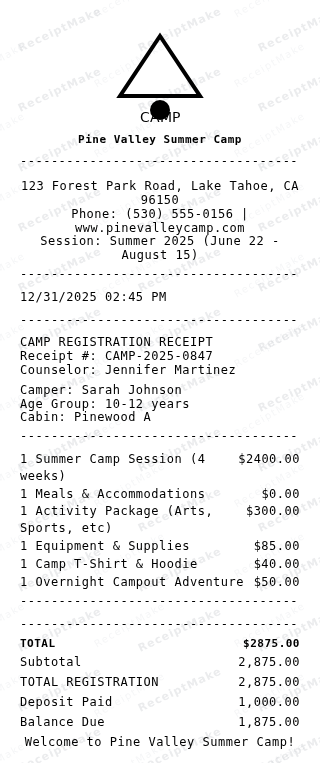 Summer Camp Receipt Receipt Example