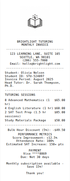 Tutoring Receipt Receipt Example