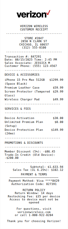 Verizon Receipt Receipt Example