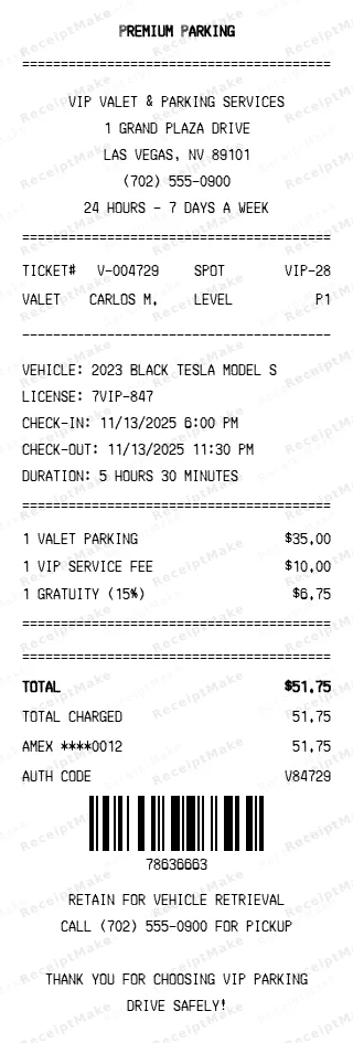 VIP Parking Receipt