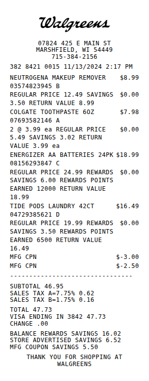 Walgreens Receipt Receipt